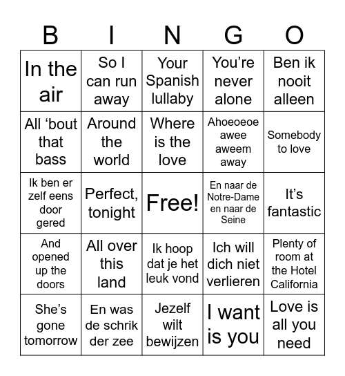 Doorzingers: Hoe gaat de tekst verder? Bingo Card