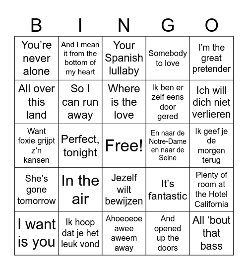 Doorzingers: Hoe gaat de tekst verder? Bingo Card