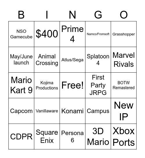 Switch 2 Direct Bingo Card