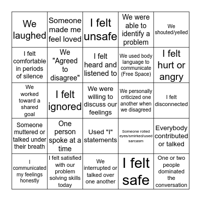 Family Patterns Communication BINGO Card