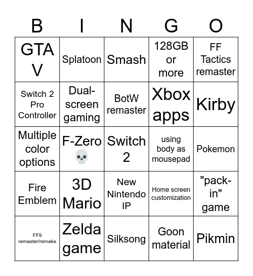 Switch 2 Direct Bingo Card
