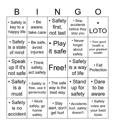 Safety Bingo Card