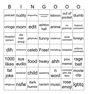 IG Reels/comments Bingo Card