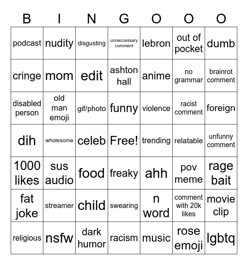 IG Reels/comments Bingo Card