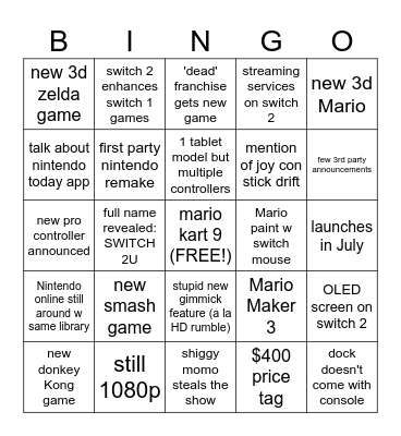 switch 2U Bingo Card