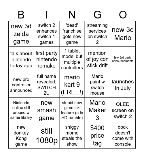 switch 2U Bingo Card