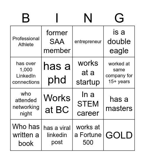 BOSTON COLLEGE SAA Bingo Card