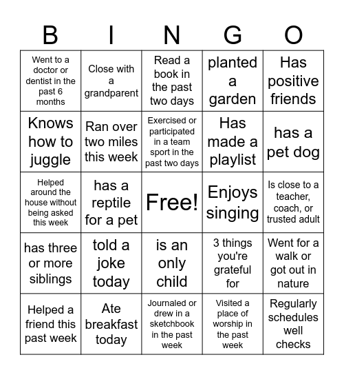 Sources of Strength Bingo Card