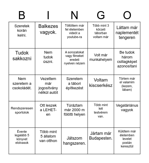 Ismerkedo bingo Card