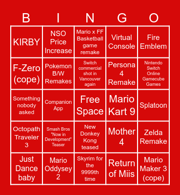 Nintendo Direct Bingo Card