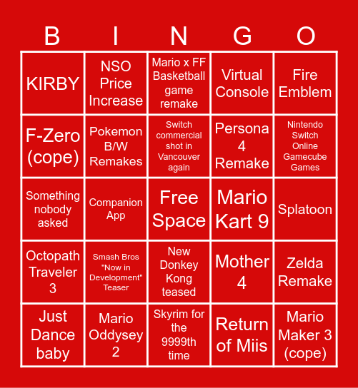 Nintendo Direct Bingo Card