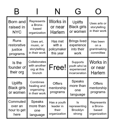 YFF Grantee Brunch Bingo Card