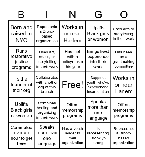 YFF Grantee Brunch Bingo Card