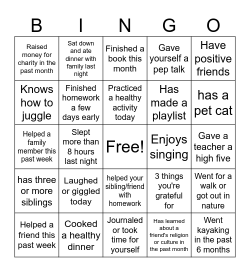 Sources of Strength Bingo Card