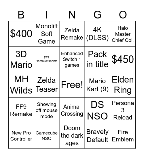 Switch 2 Direct Bingo Card