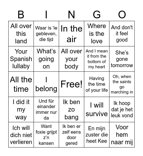 Doorzingers: Hoe gaat de tekst verder? Bingo Card