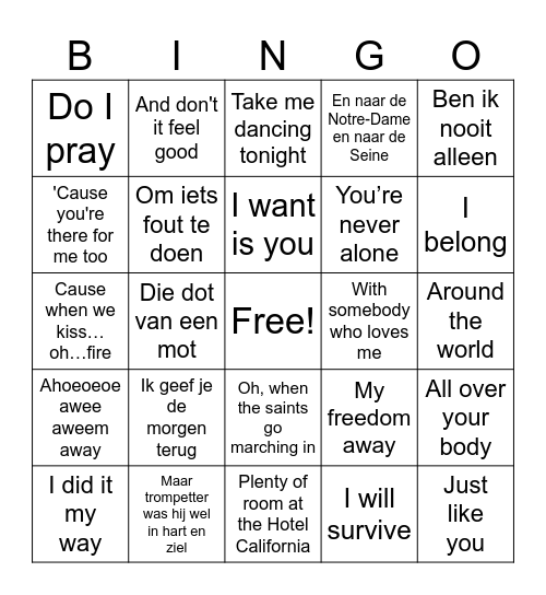 Doorzingers: Hoe gaat de tekst verder? Bingo Card