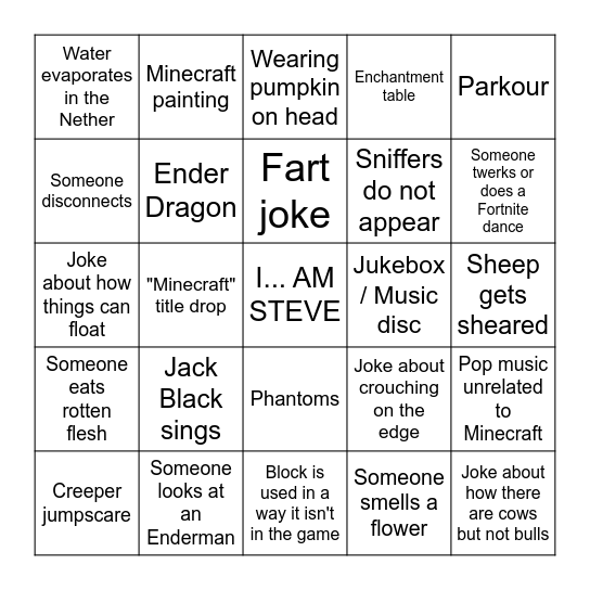 Minecraft Movie Bingo Card
