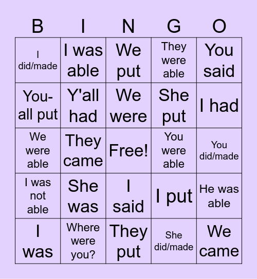 Super Irregular Preterites Bingo Card