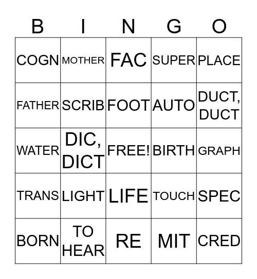 ROOTWORDS Bingo Card