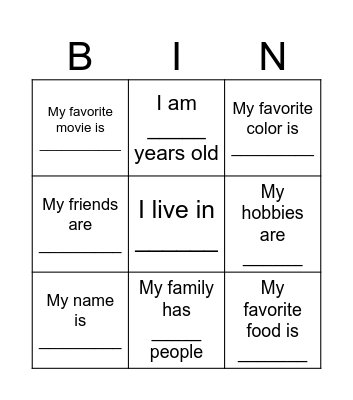 Introducing Yourself Bingo Card