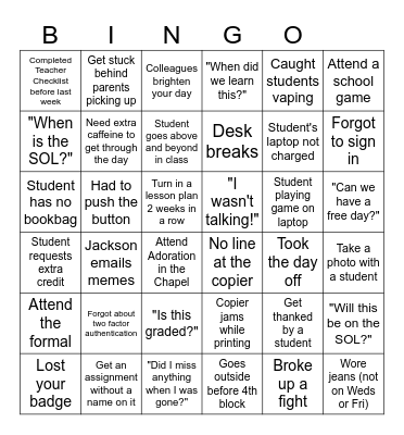 End of Year Teacher Bingo Card