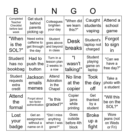 End of Year Teacher Bingo Card