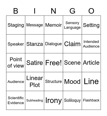 English I Bingo Card