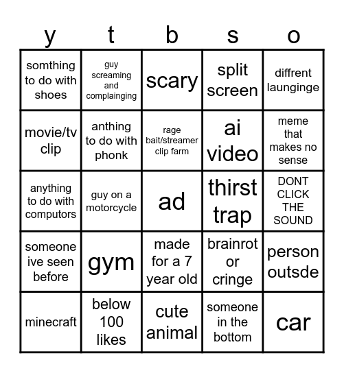 youtube shorts bingo Card