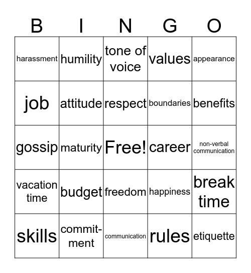 Maturity Skills 1 Bingo Card