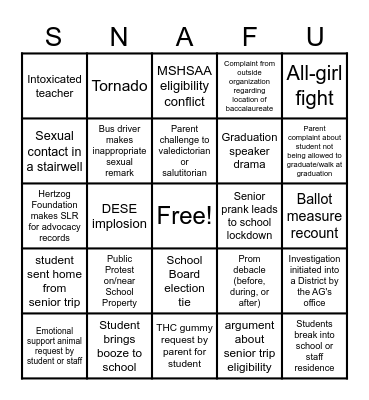 School SNAFU: End of School Edition Bingo Card