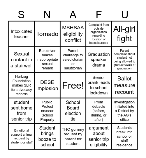 School SNAFU: End of School Edition Bingo Card