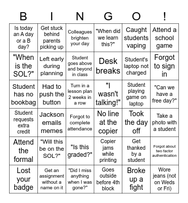 End of Year Teacher Bingo Card