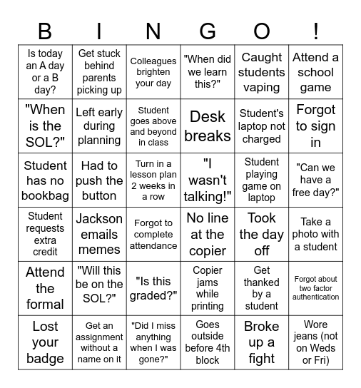 End of Year Teacher Bingo Card