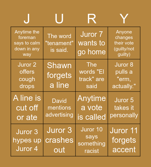 12 Angry Jurors Bingo Card