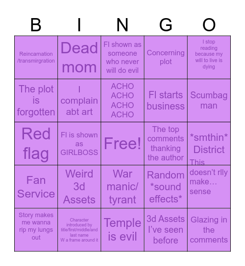 Webtoon bingo card Bingo Card