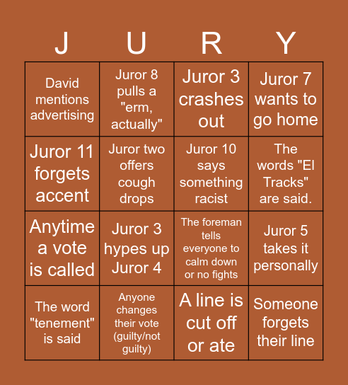 12 Angry Jurors Bingo Card