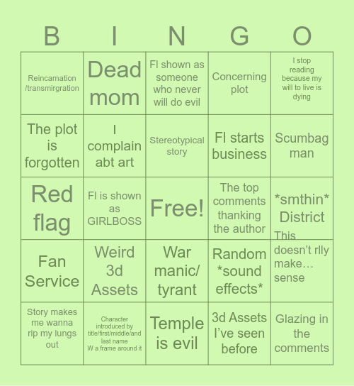 Webtoon bingo card Bingo Card