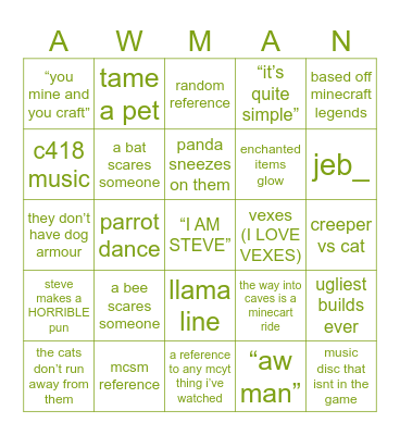 A MINECRAFT MOVIE Bingo Card