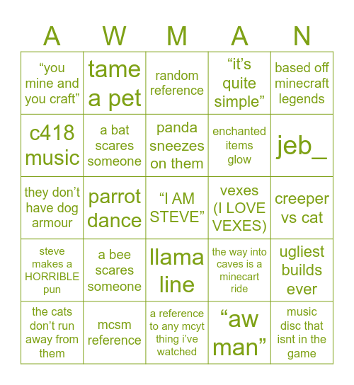 A MINECRAFT MOVIE Bingo Card