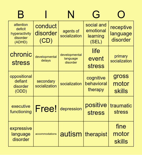 Unit 5 Childhood Care & Development Bingo Card
