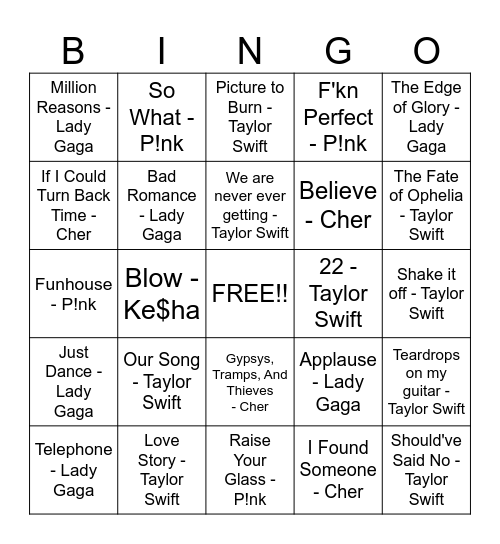 Taylor, Lady Gaga, P!nk, Cher, & Ke$ha Bingo Card