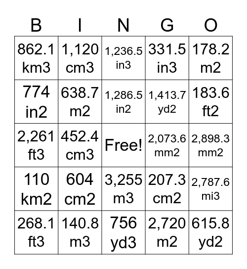 Volume and Surface Area Bingo Card