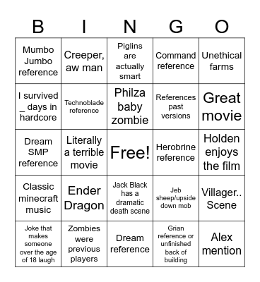 Minecraft Movie Bingo Card