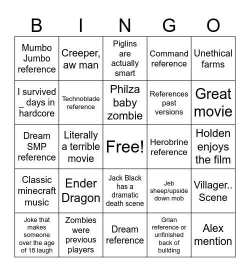 Minecraft Movie Bingo Card
