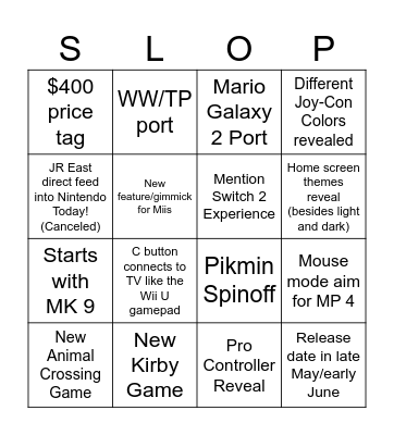 Nintendo Switch 2 Direct Bingo Card