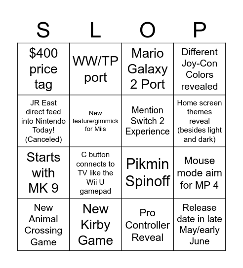 Nintendo Switch 2 Direct Bingo Card