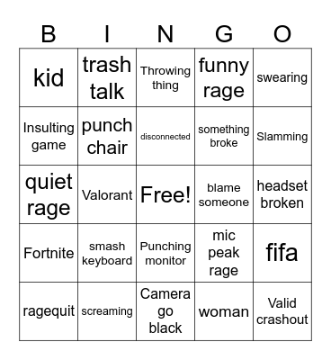 gamer rage Bingo Card