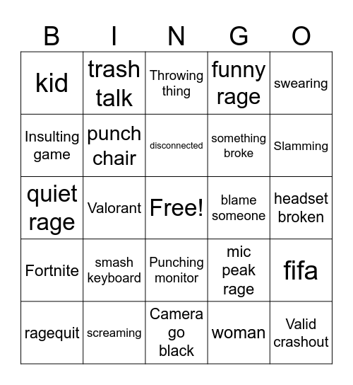 gamer rage Bingo Card