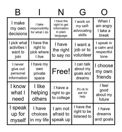 Self-Advocacy BINGO Card